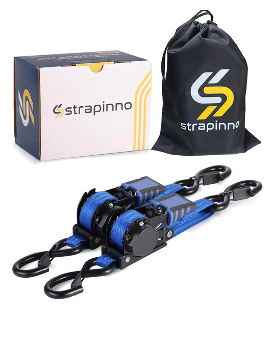 Strapinno Retractable Ratchet Straps - 1 in x 4 ft Heavy Duty Boat Transom Tie Down 2PCS 2400lbs Breaking Strength S Hooks with Safety Clip for Boat Jetski Seadoo Waverunner and PWCs (Blue)