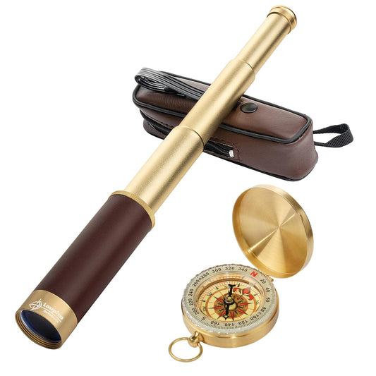 Laupha Retro Pirate Telescope Zoomable 25x30 Spyglass Portable Collapsible Handheld Telescope Vintage Monocular for Kids & Survival Gear Compass Pocket Military Compass for Camping Boating